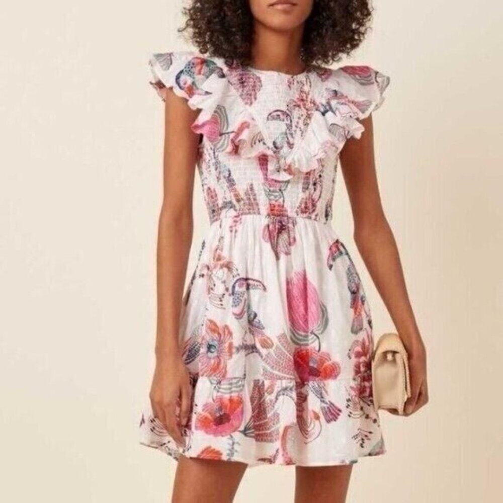Banjanan Ilona Birdie Print Ruffled Trim Mini Dress